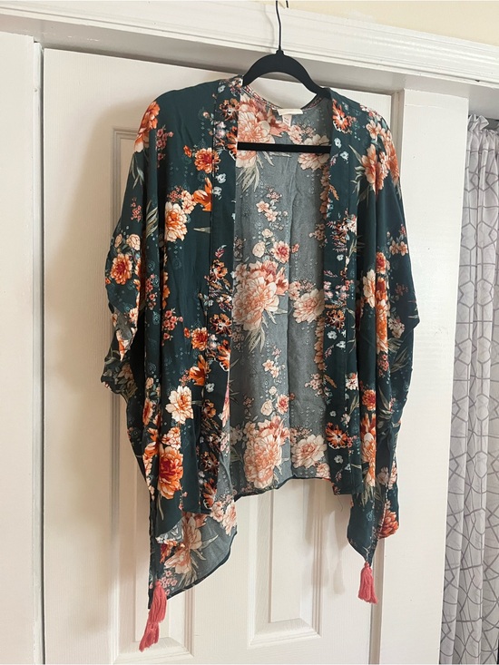 Knox Rose Tops - Knox Rose Floral Kimono Cardigan in Teal and Peach